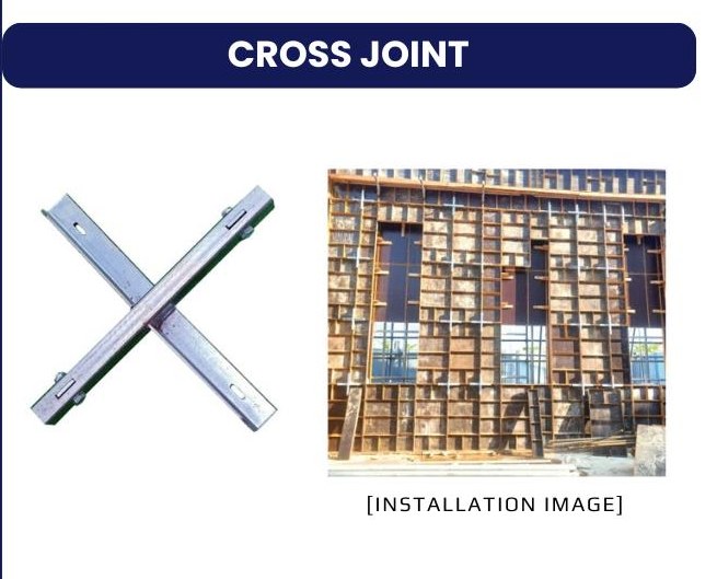Cross joint hardware and an installation photograph showing it in use on a formwork wall