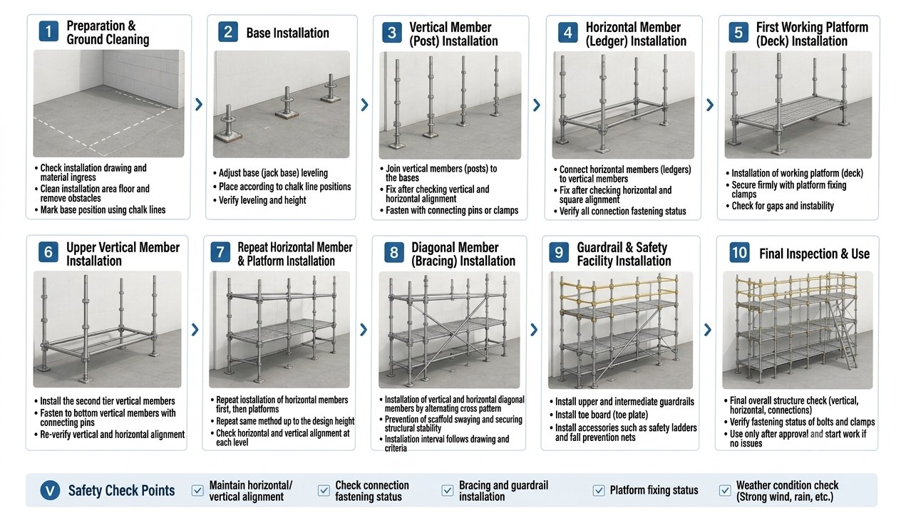 Ten-step scaffold installation sequence: ground preparation, base installation, vertical members, ledgers, first working platform, upper verticals, repeat ledgers and platforms, diagonal bracing, guardrails and safety facilities, final inspection