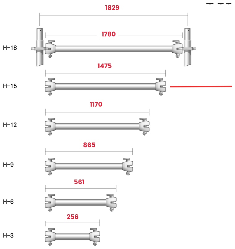 Scaffold ledger sizes H2-18 through H2-03 with dimensions