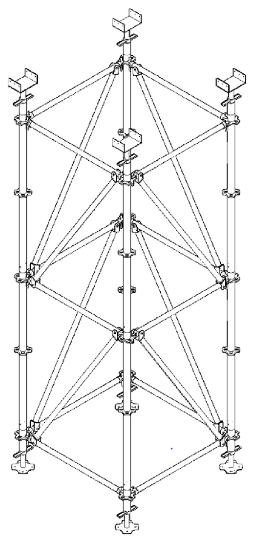 Assembled shoring tower showing posts, ledgers, diagonal braces, sleeves, U-heads and primary beams